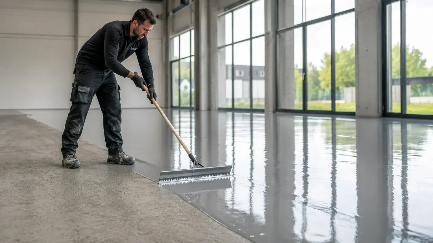 Handwerker trägt eine glänzende graue Epoxidharz-Bodenbeschichtung in einer hellen Industriehalle auf