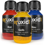 epoxid1 Set aus deckenden Farben für Epoxidharz Rot, Gelb und Blau
