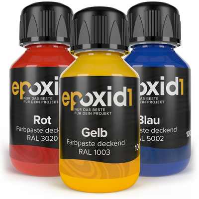 epoxid1 Set aus deckenden Farben für Epoxidharz Rot, Gelb und Blau